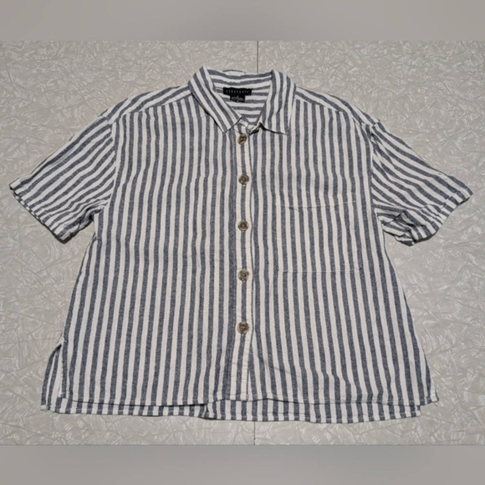 Sanctuary Women's M Blue White Stripe Linen Blend Button Up Shirt
